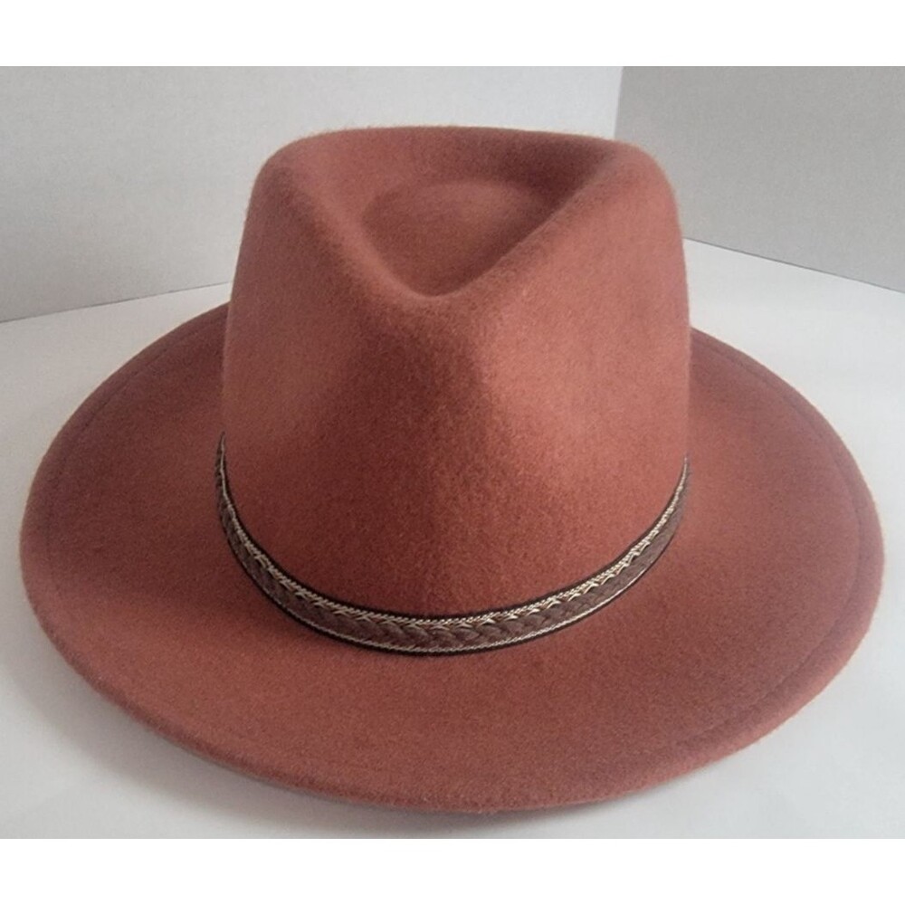 BellnVista Wide Brim Felt Fedora Hat Rust/Cinnamon Brown Braided Band